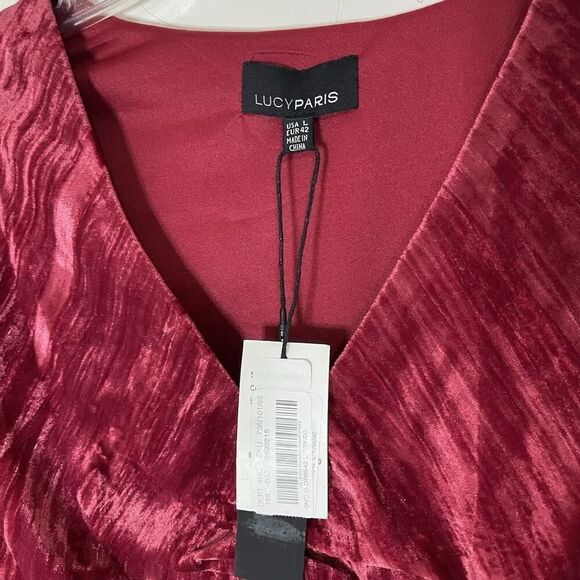 NEW! Lucy Paris Cranberry red velvet long sleeve v-neck midi dress Large - Picture 6 of 7